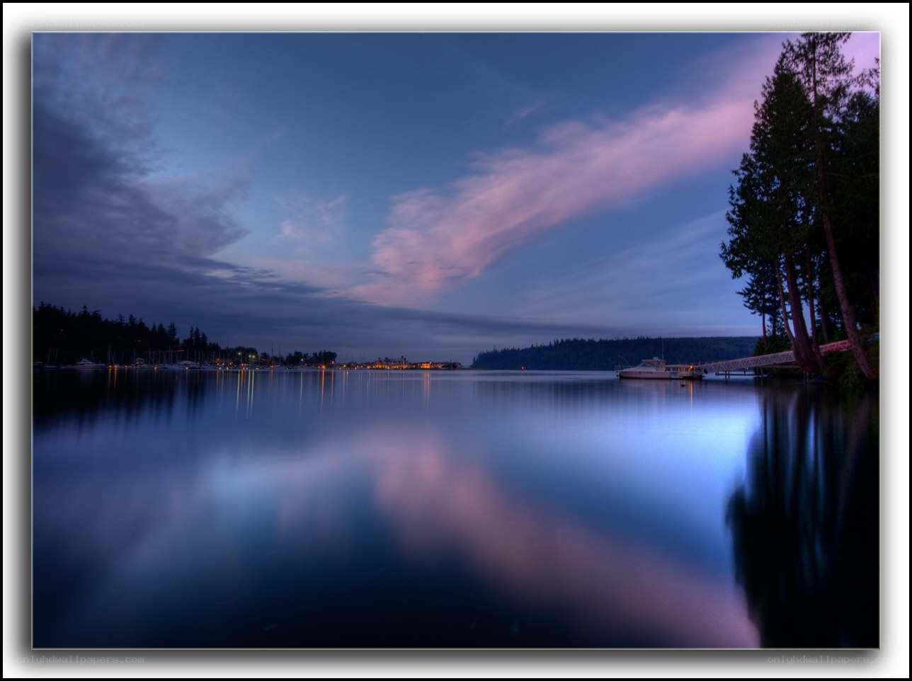 Twilight over a calm harbor