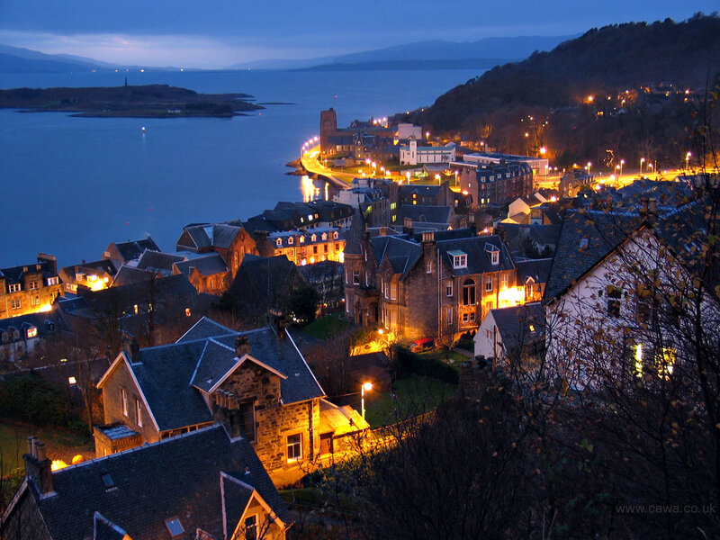 Twilight over a coastal town