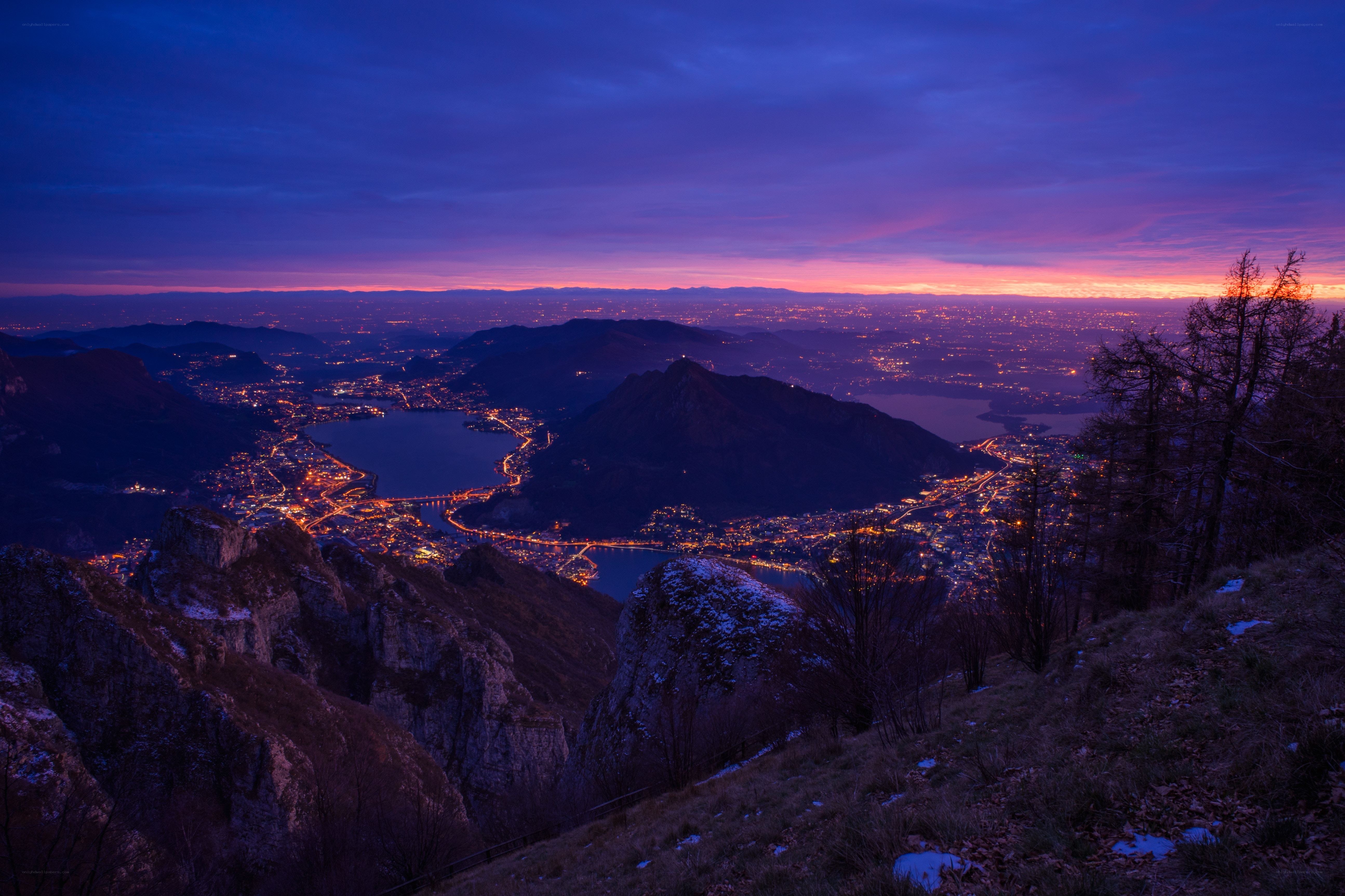 Twilight over a lakeside city