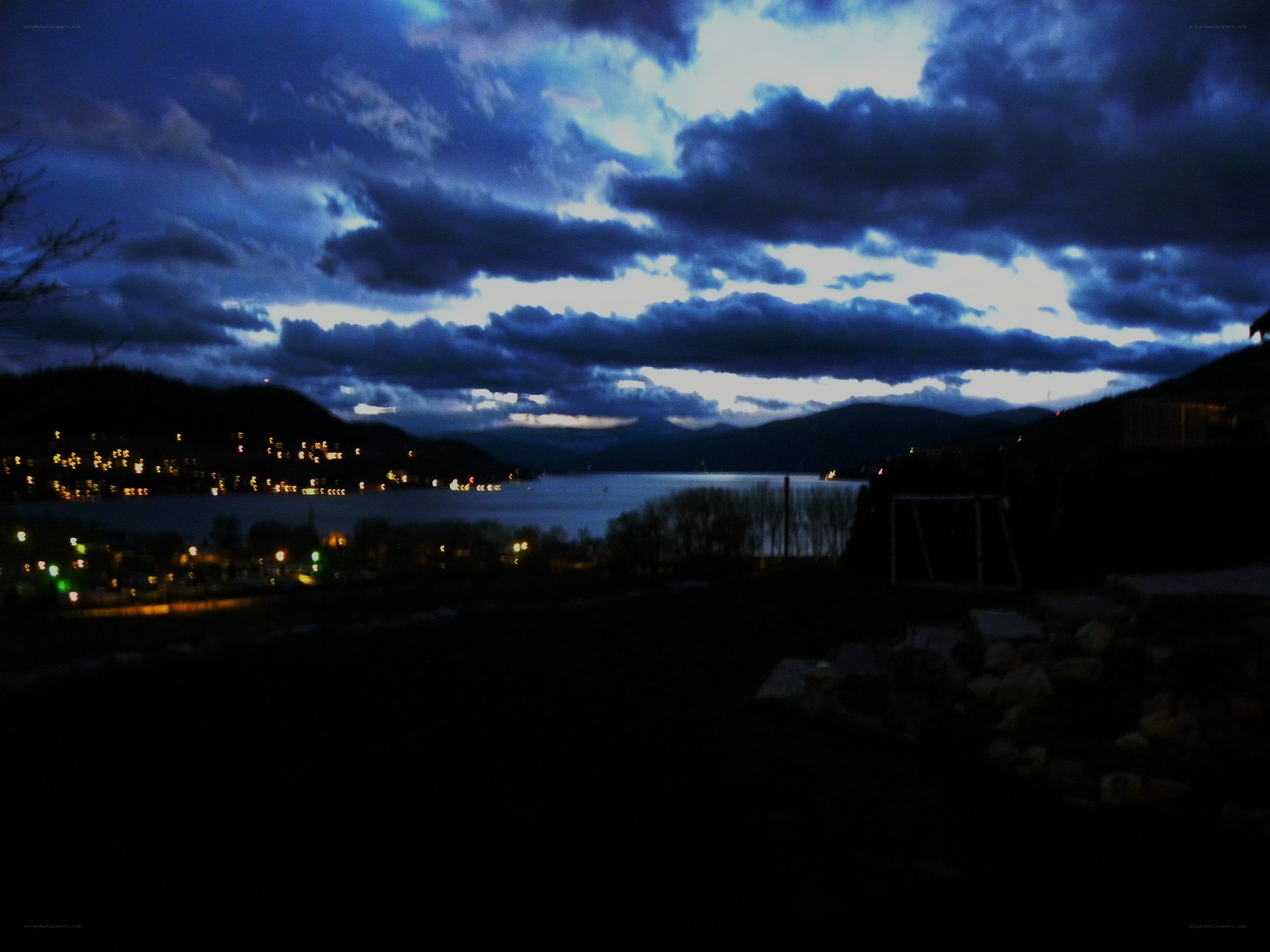 Twilight over a lakeside town