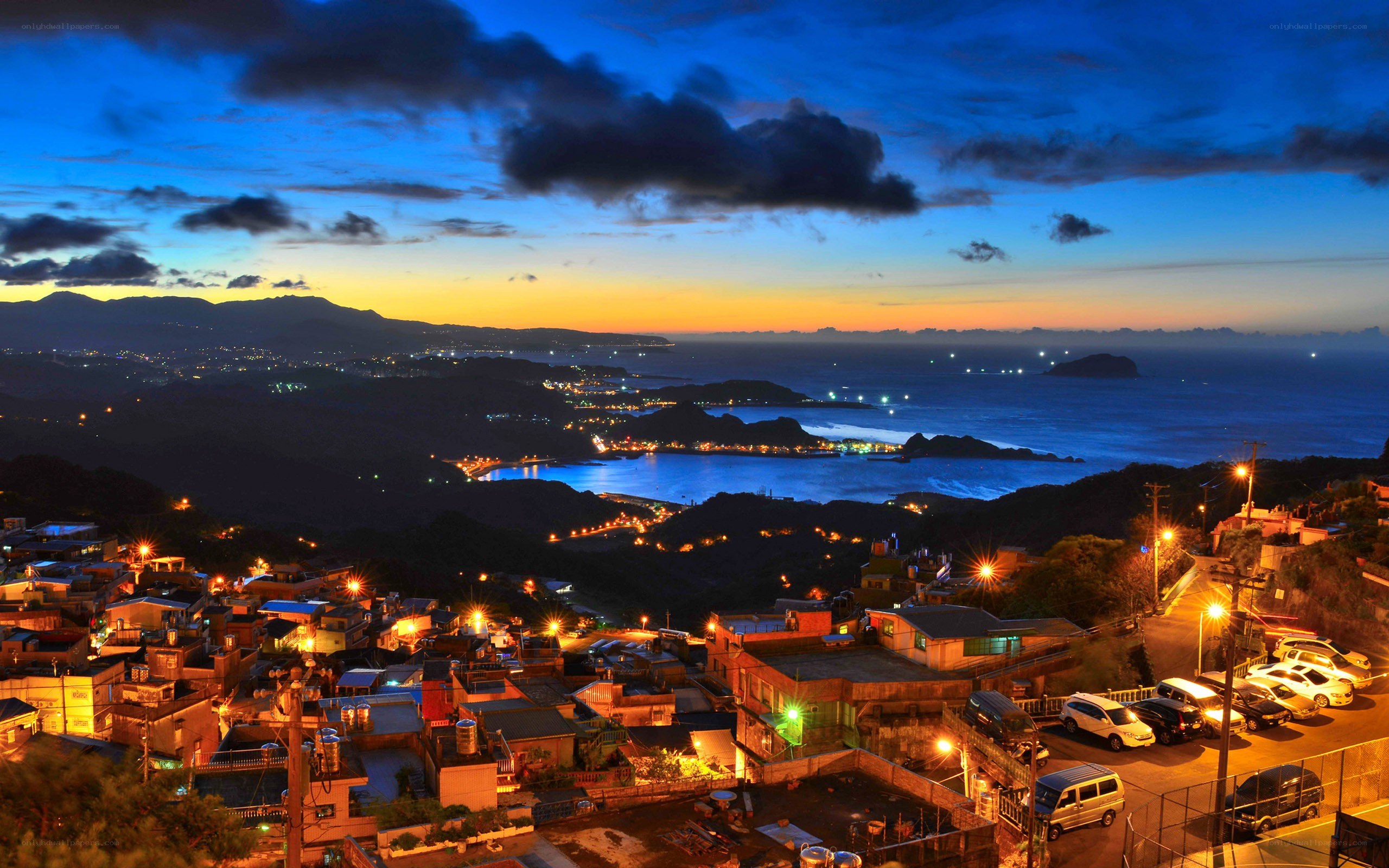 Twilight over coastal town