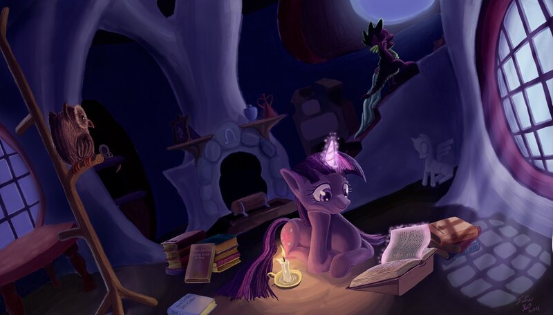 Twilight Sparkle reading at night
