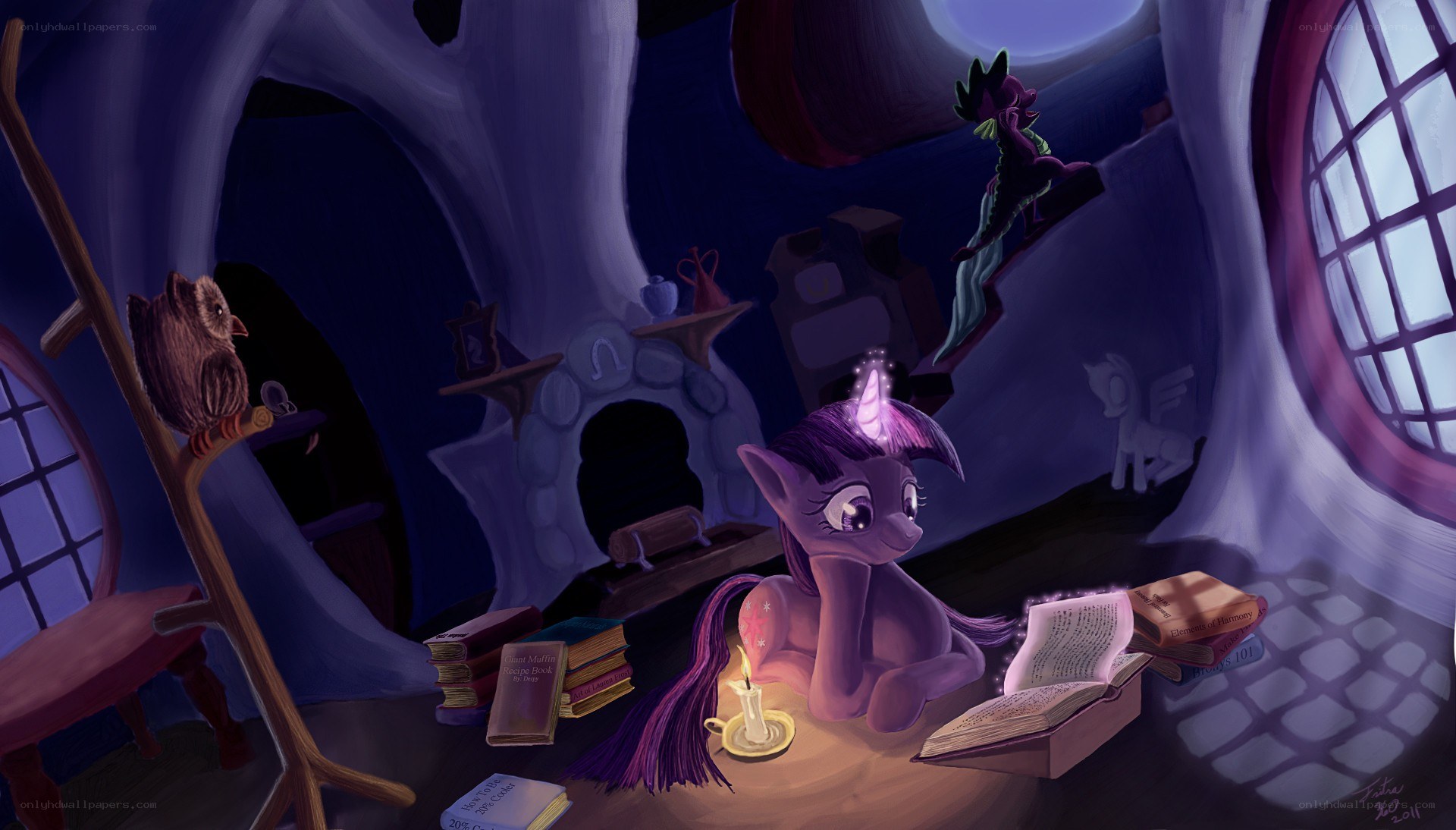 Twilight Sparkle reading at night