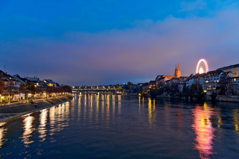 Twilight view of a river city