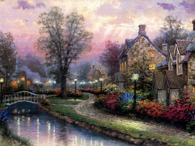 Twilight village by the river