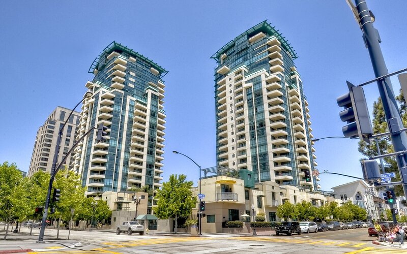 twin high-rise buildings in city