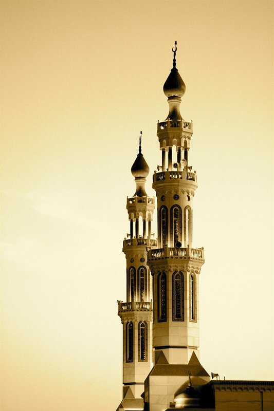 twin minarets at sunset