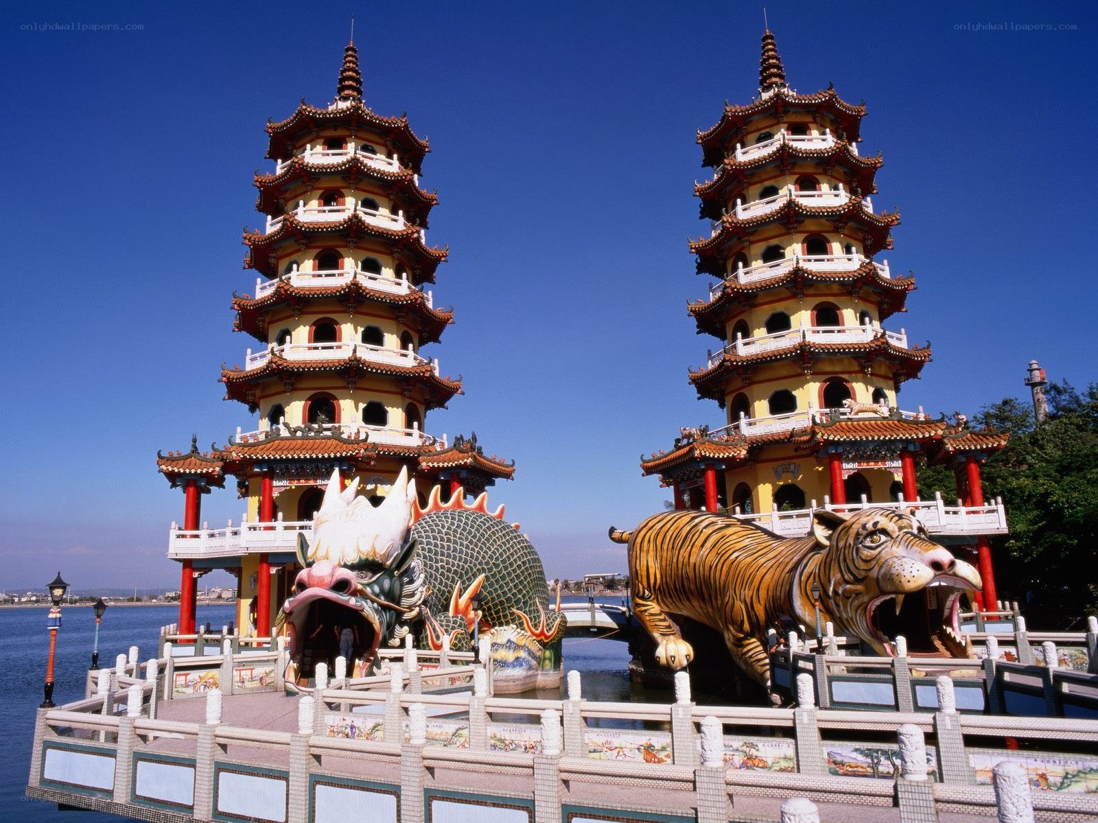 Twin Pagodas with Dragon and Tiger