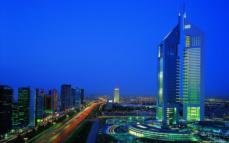 Twin Skyscrapers at Night — Blue, Dramatic