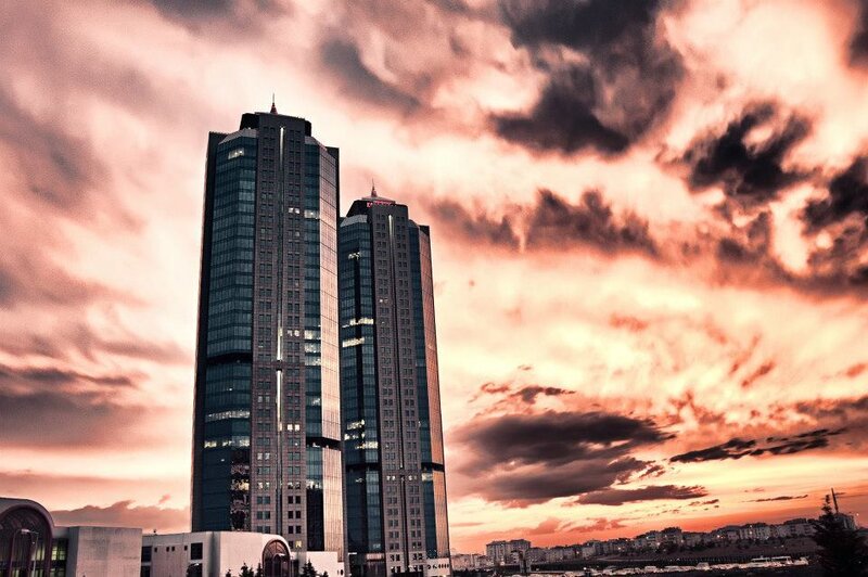 twin skyscrapers at sunset