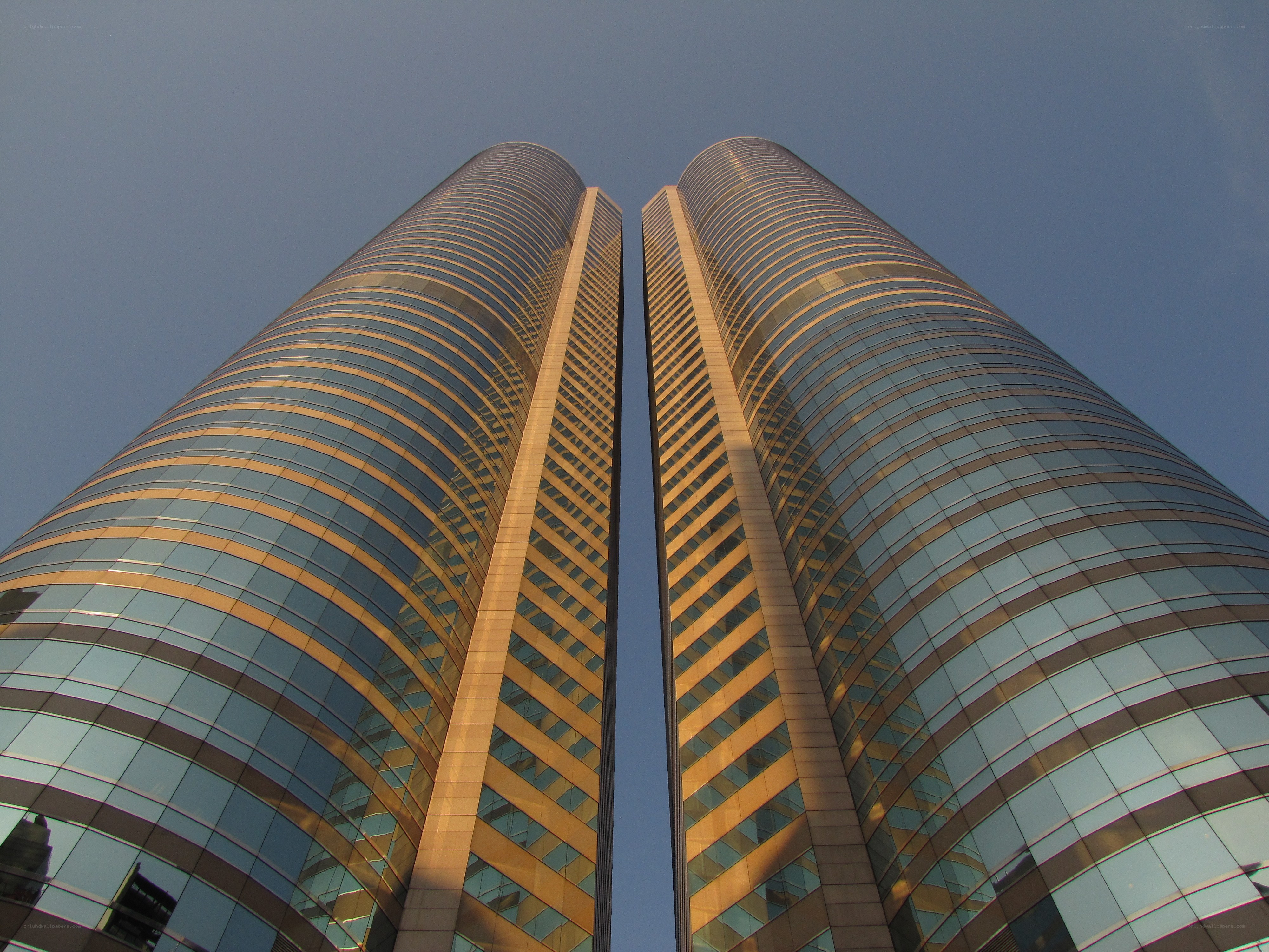 Twin skyscrapers at sunset