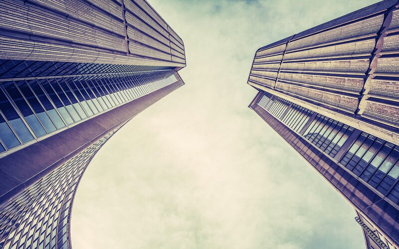 Twin Skyscrapers — Blue, Dramatic, Photograph