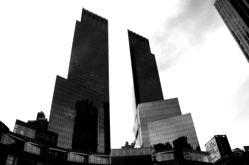twin skyscrapers in black and white