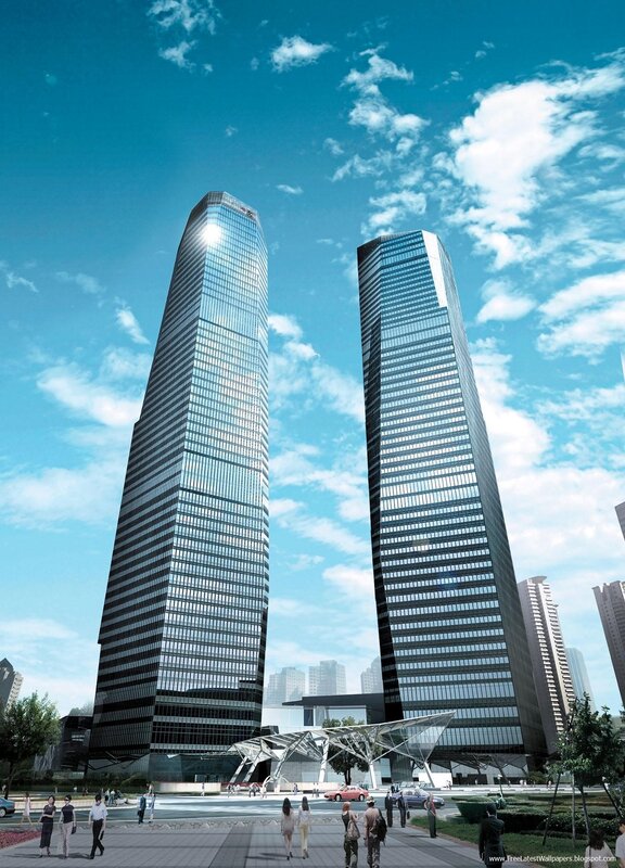 twin skyscrapers in city