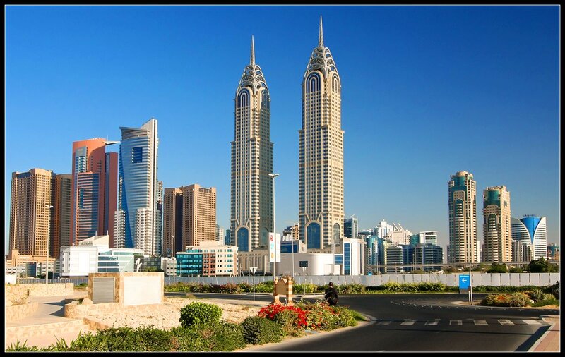 Twin Skyscrapers in City — Blue