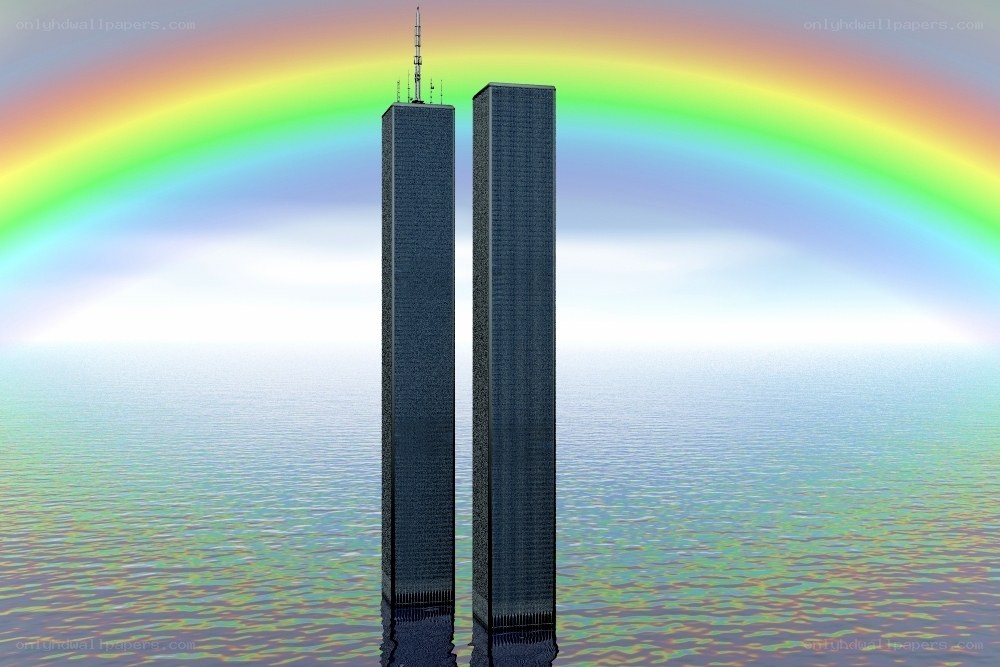 twin towers with rainbow