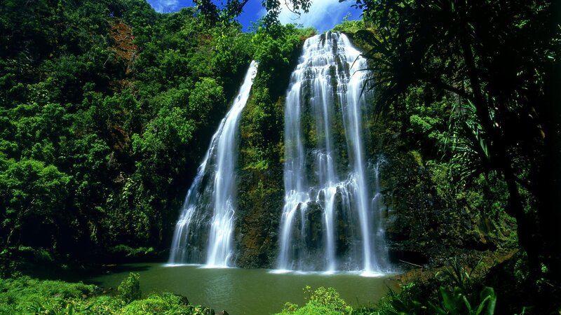 Twin Waterfalls in Jungle — Green