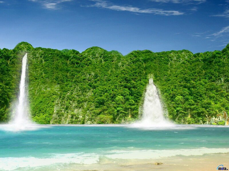 twin waterfalls on tropical island