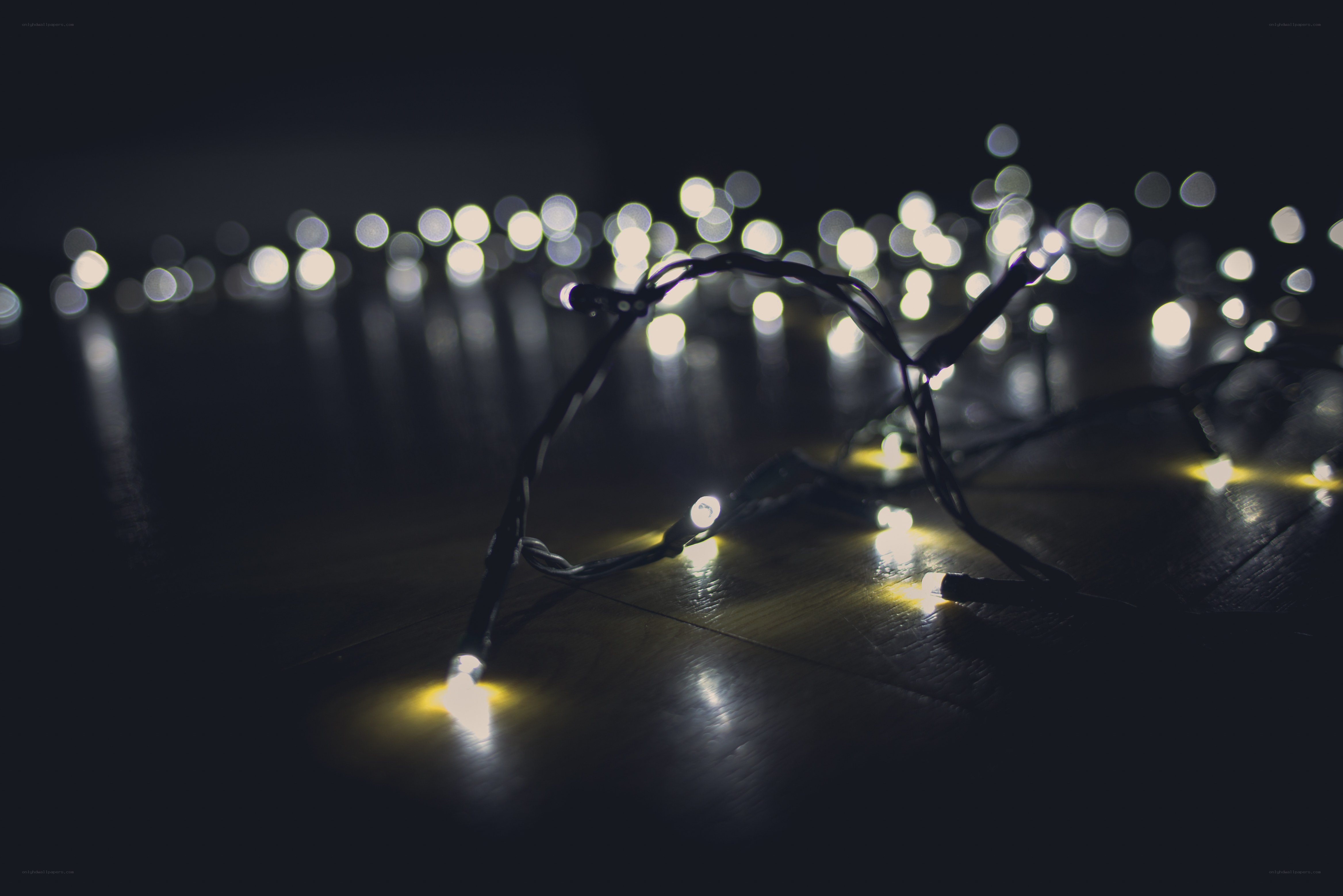 Twinkling lights on wood