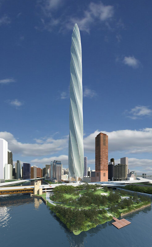 Twisted skyscraper in city