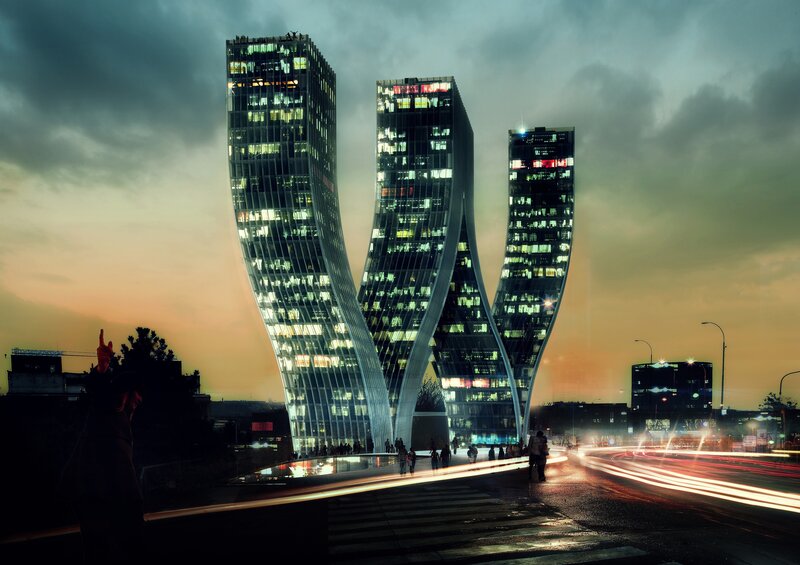 Twisted Skyscraper Towers — Gray, Dramatic