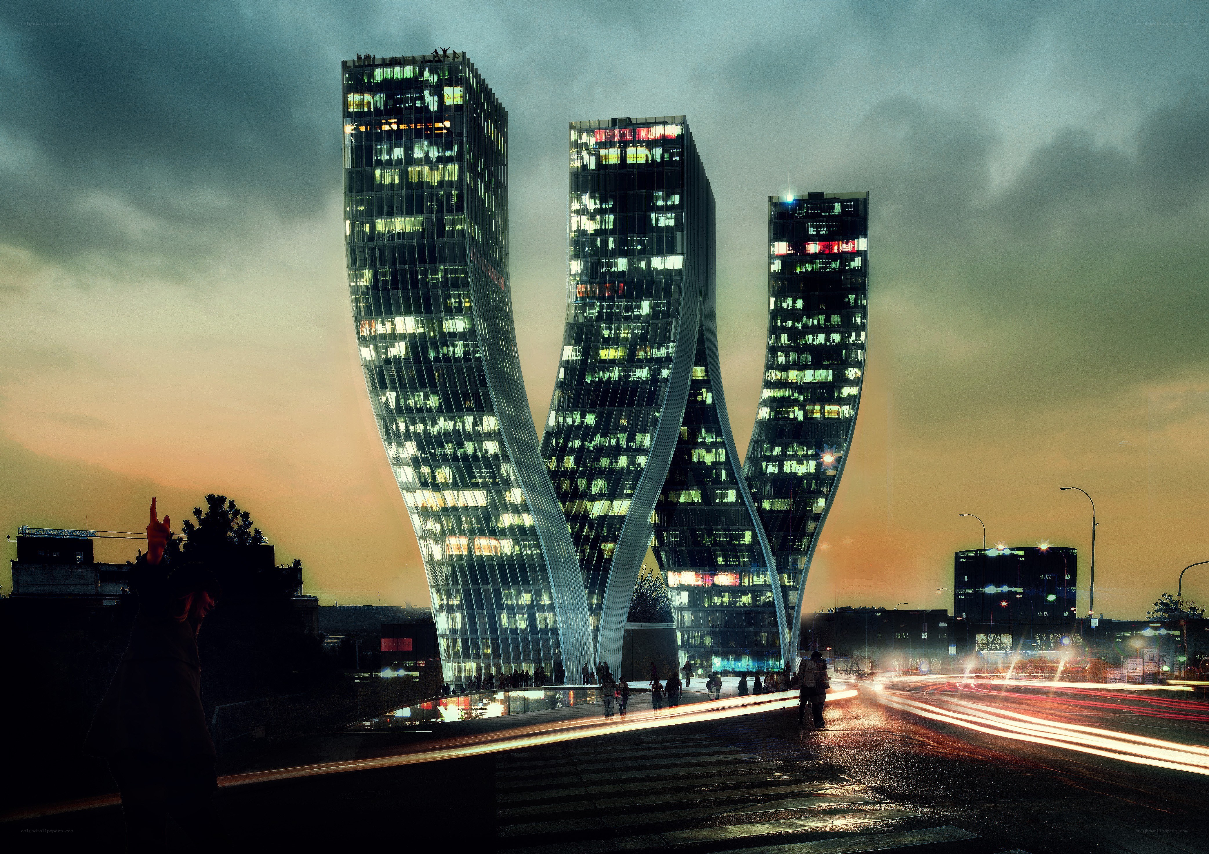 Twisted skyscrapers at dusk