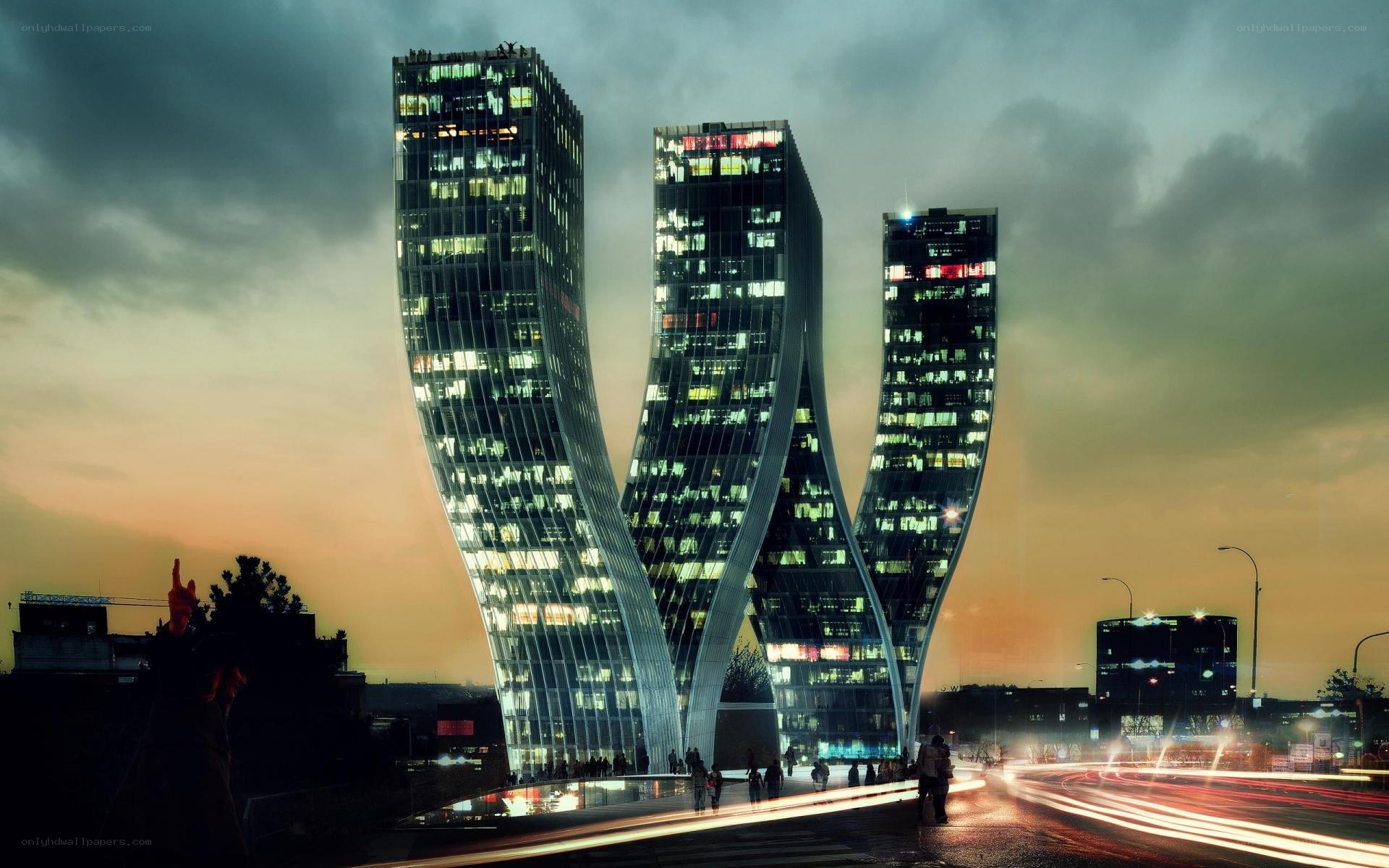 Twisted skyscrapers at dusk