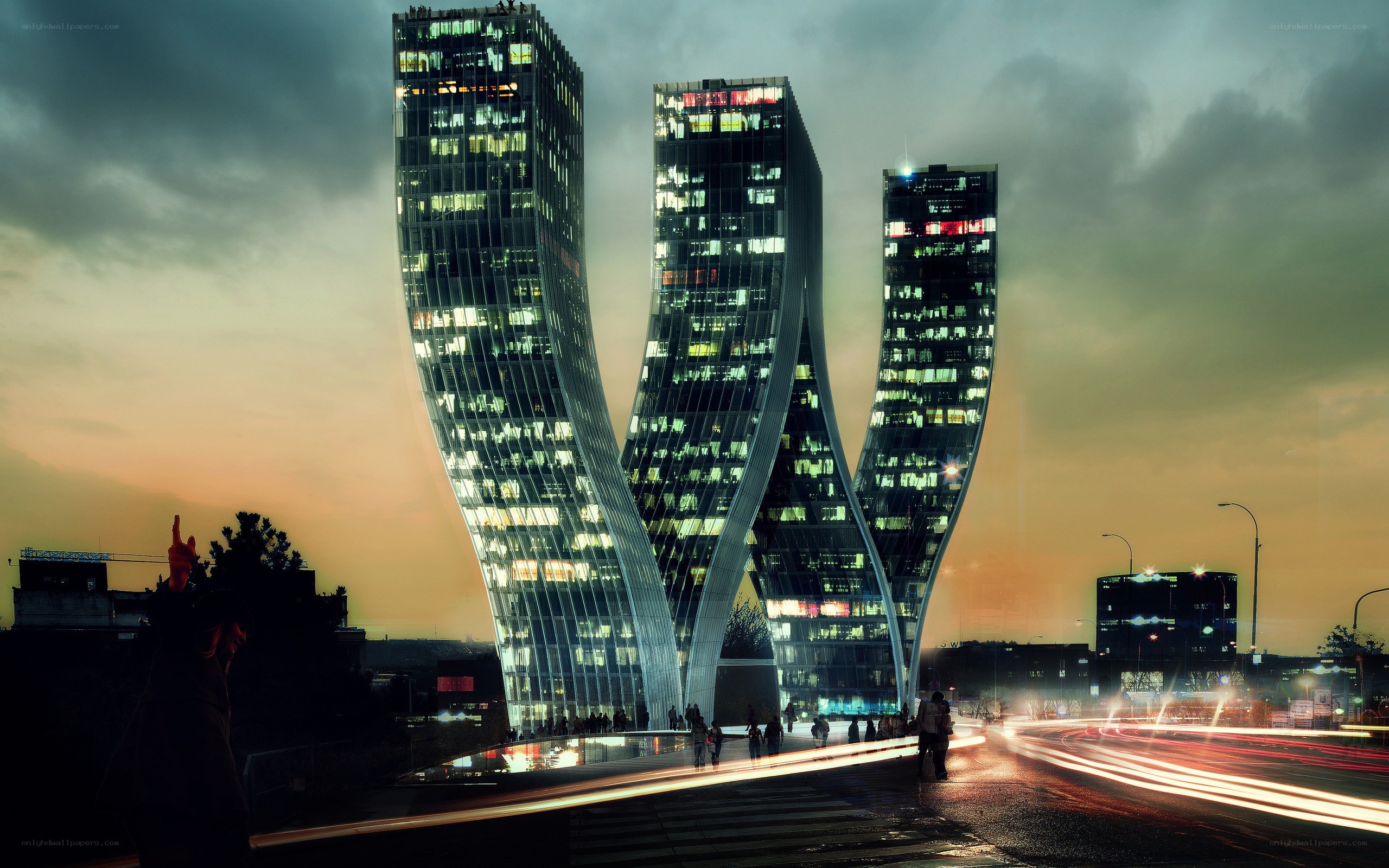 Twisted skyscrapers at dusk