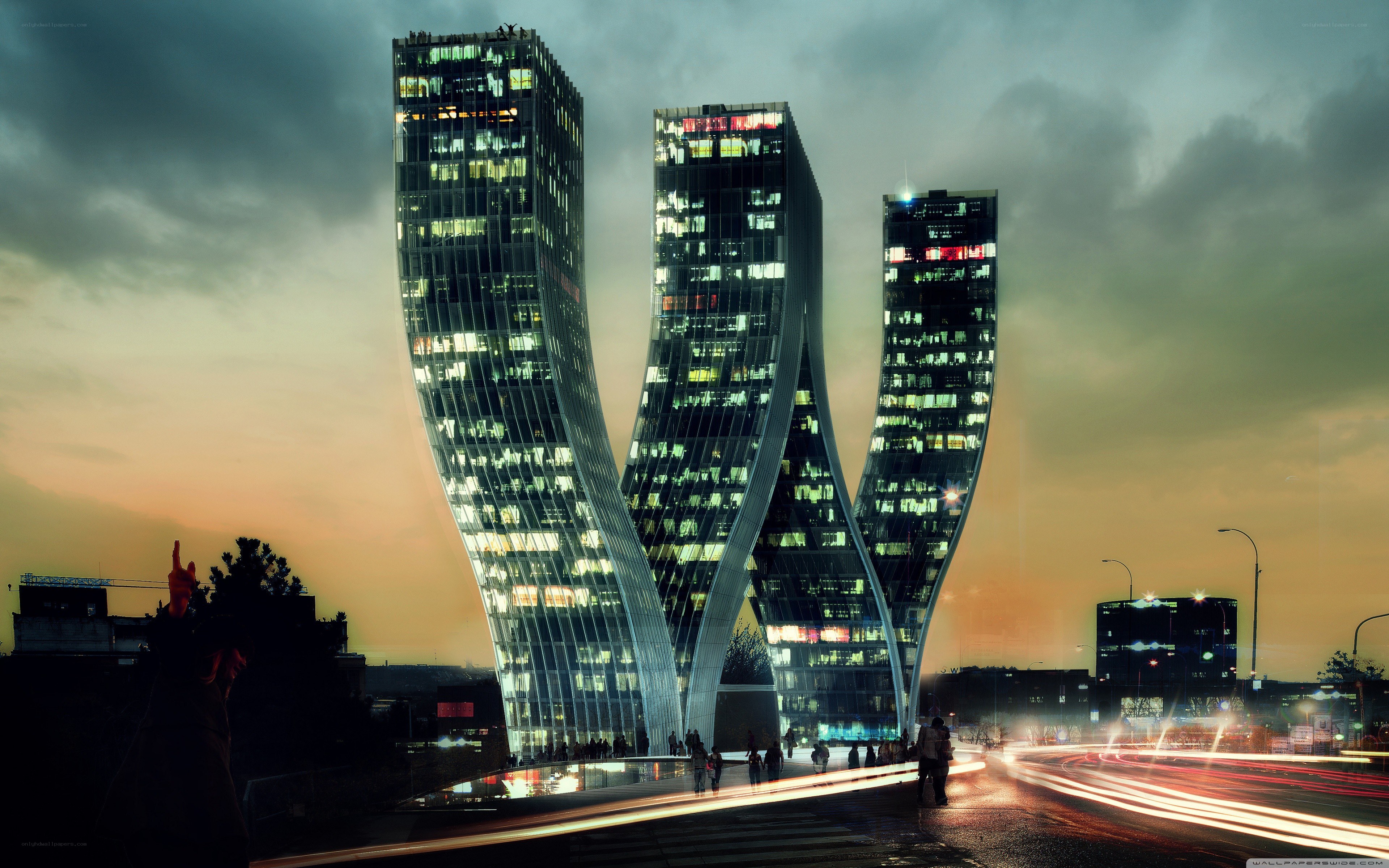 Twisted skyscrapers at dusk