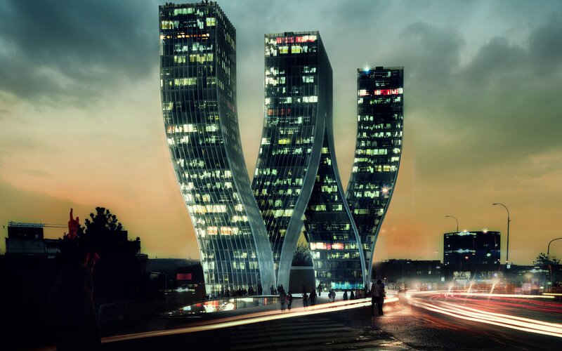 Twisted Skyscrapers at Dusk — Gray