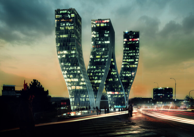 Twisted skyscrapers at dusk