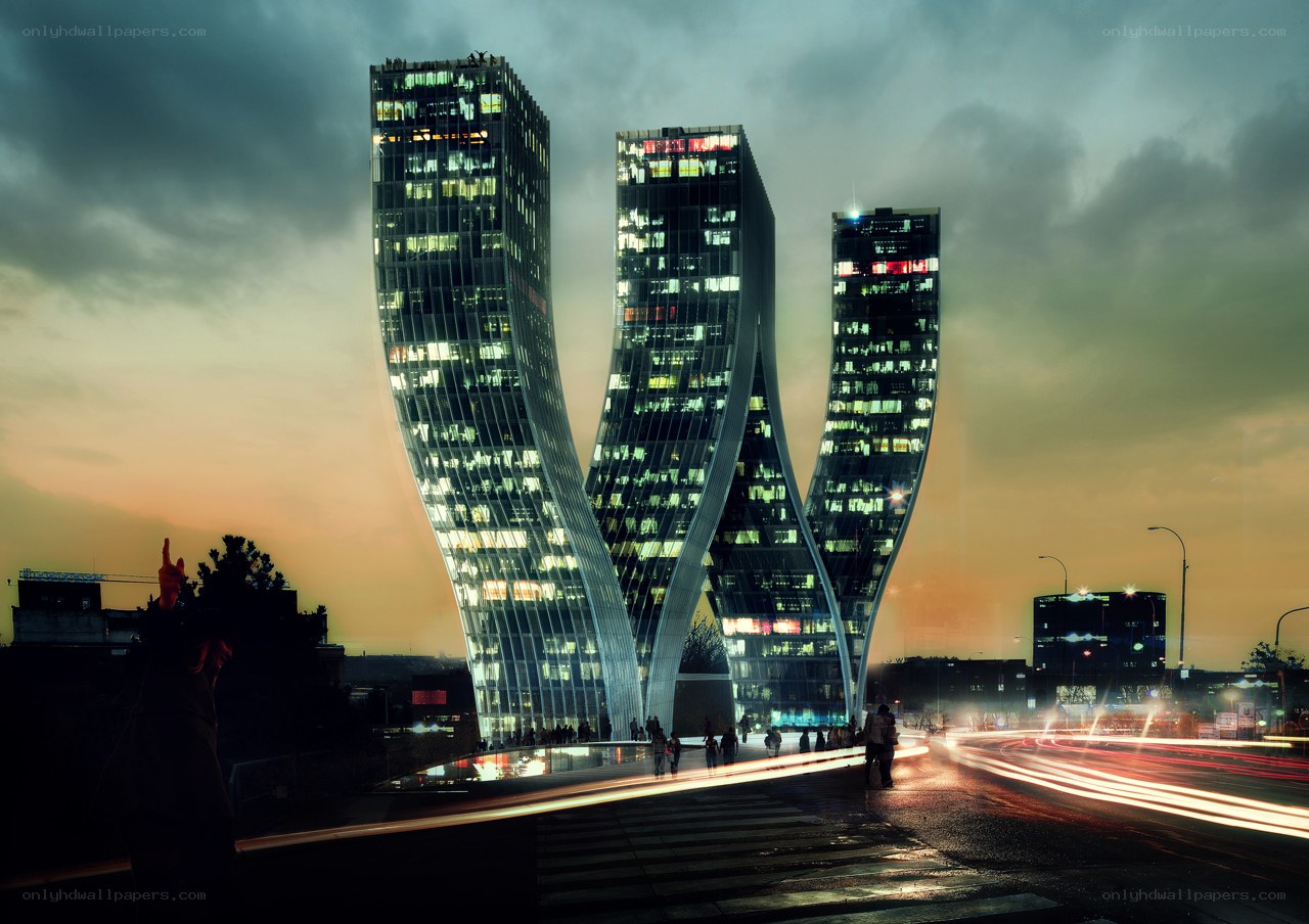 Twisted skyscrapers at dusk