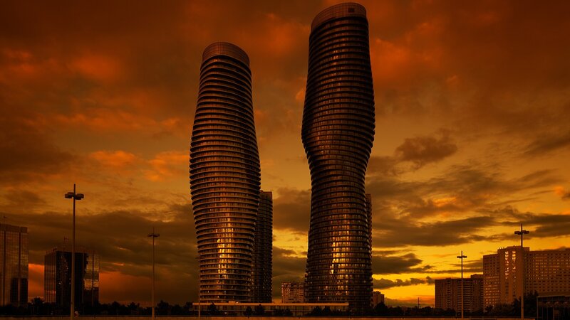 Twisted towers at sunset