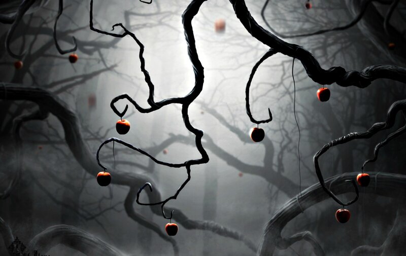 Twisted Tree Branches with Apples — Black