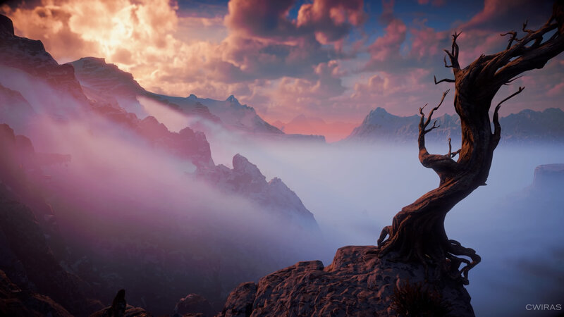 Twisted Tree on Cliff — Purple, Dramatic