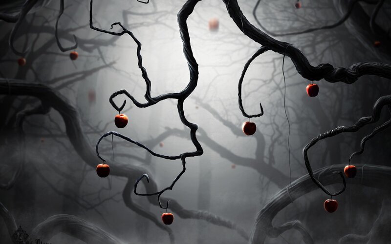 Twisted tree with red apples