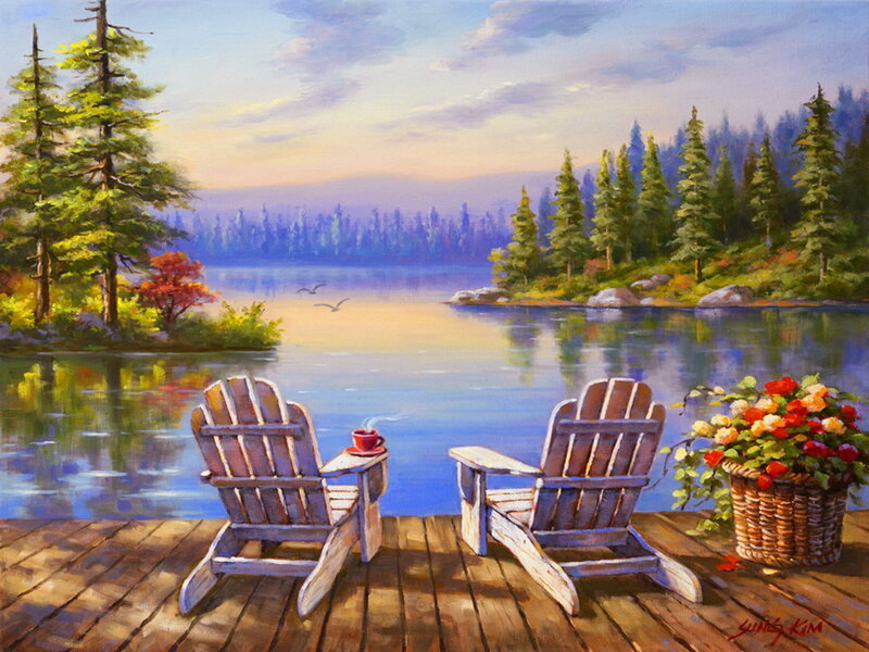 Two Adirondack Chairs — Blue, Serene, Sunset