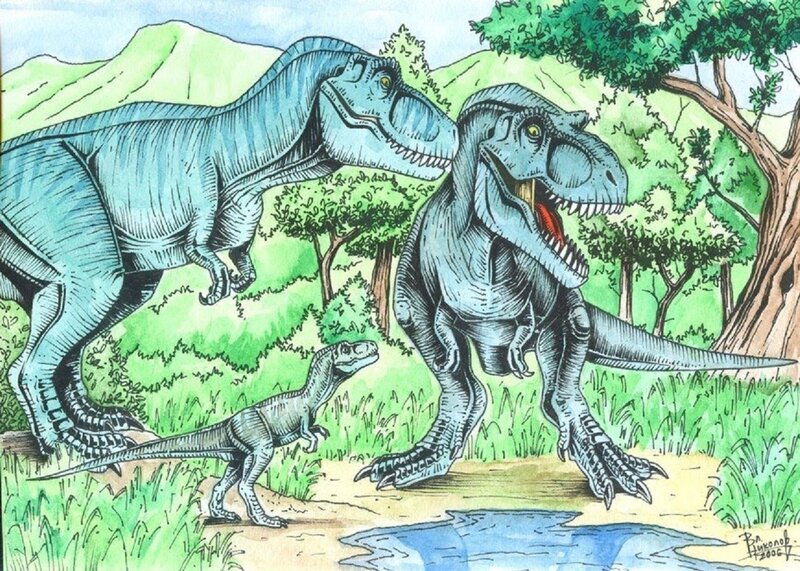 Two Adult and One Juvenile Tyrannosaurus