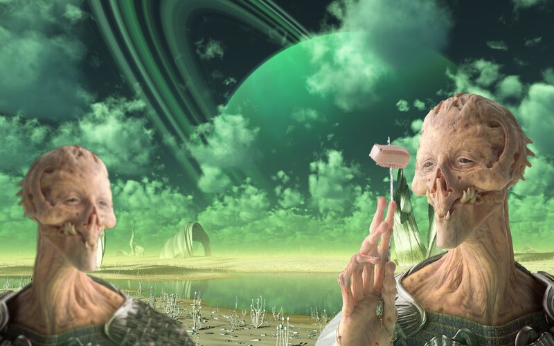 Two Alien Figures — Green, Dramatic