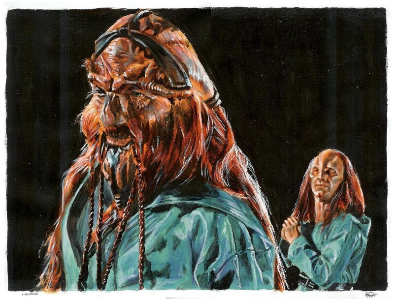 Two alien figures in a dark setting