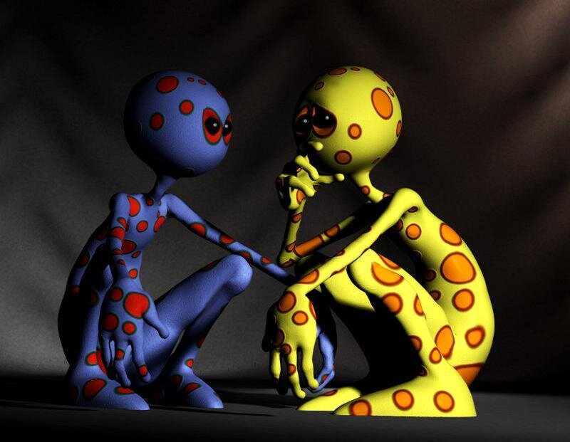 two alien figures in conversation