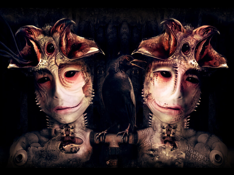 two alien figures with bird