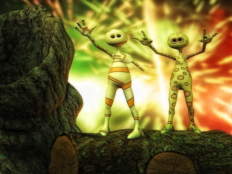 two aliens on a log