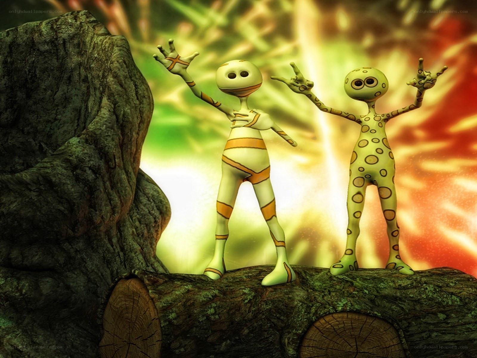 two aliens on a log