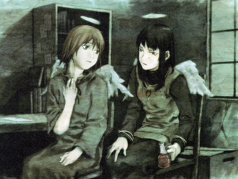 Two angelic figures in a dim room