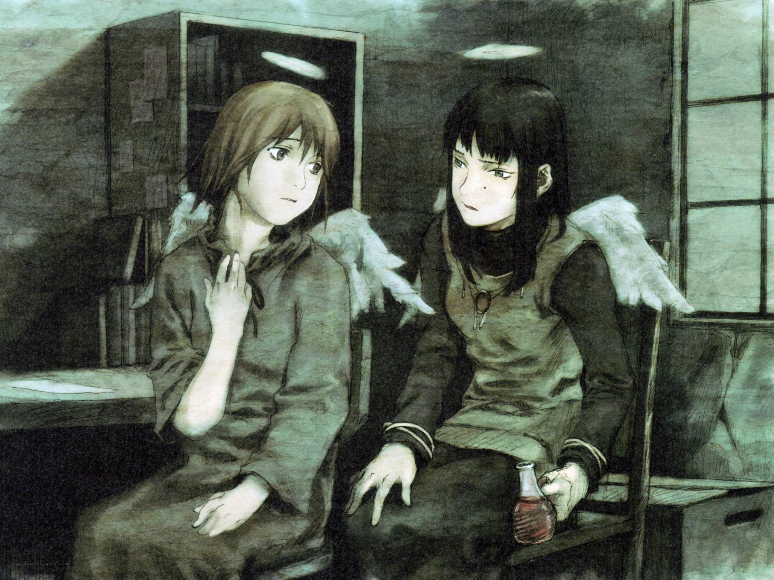 Two angelic figures in a dim room