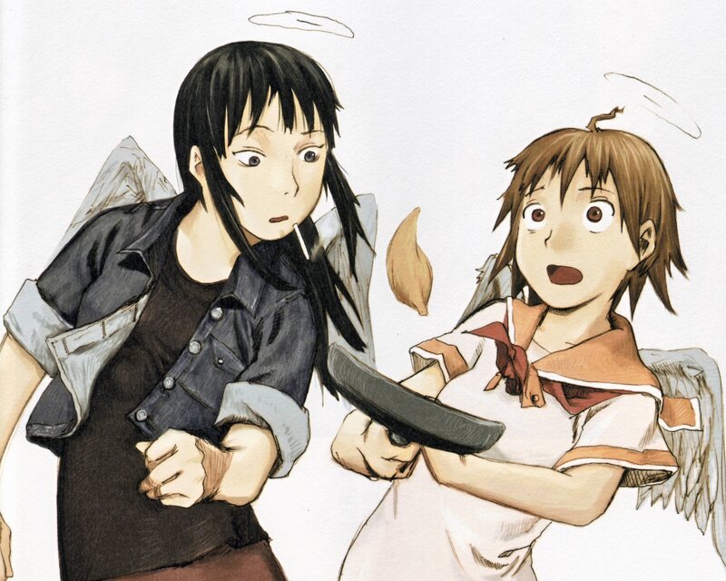 Two angelic figures in a tense moment