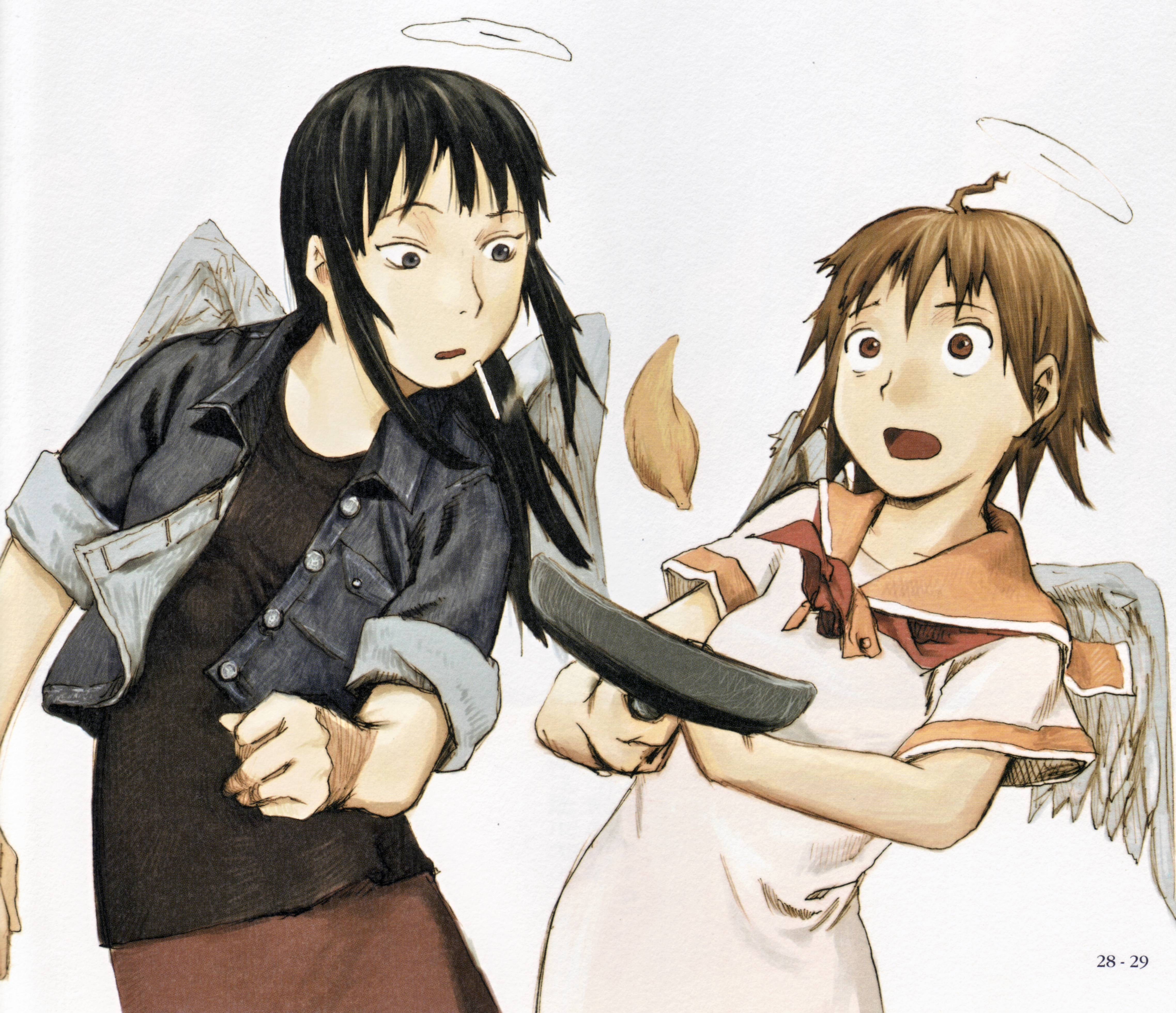Two angelic figures in a tense moment