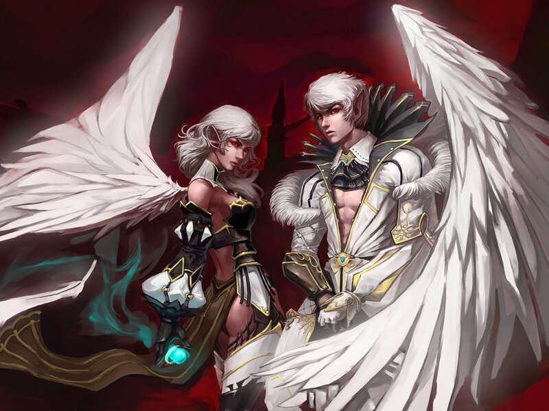 Two Angelic Figures — White, Dramatic, Digital Art, Wings, Armor
