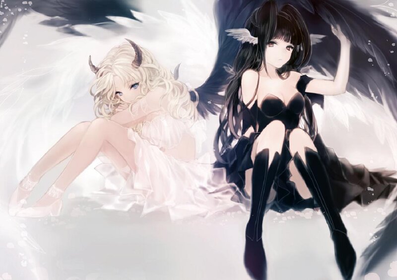 Two Angelic Figures — White, Dramatic, Digital Art, Wings, Horns